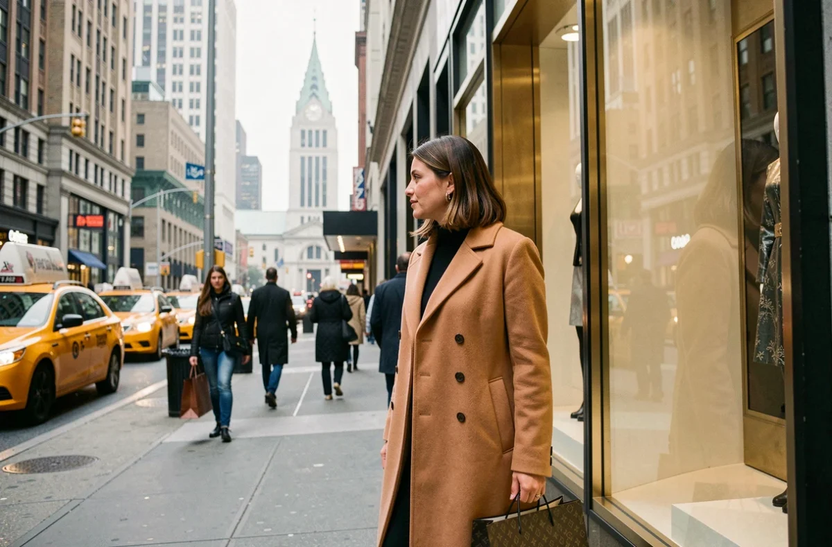 Femme élégante avec sac shopping devant une vitrine de luxe sur la 5e Avenue à New York