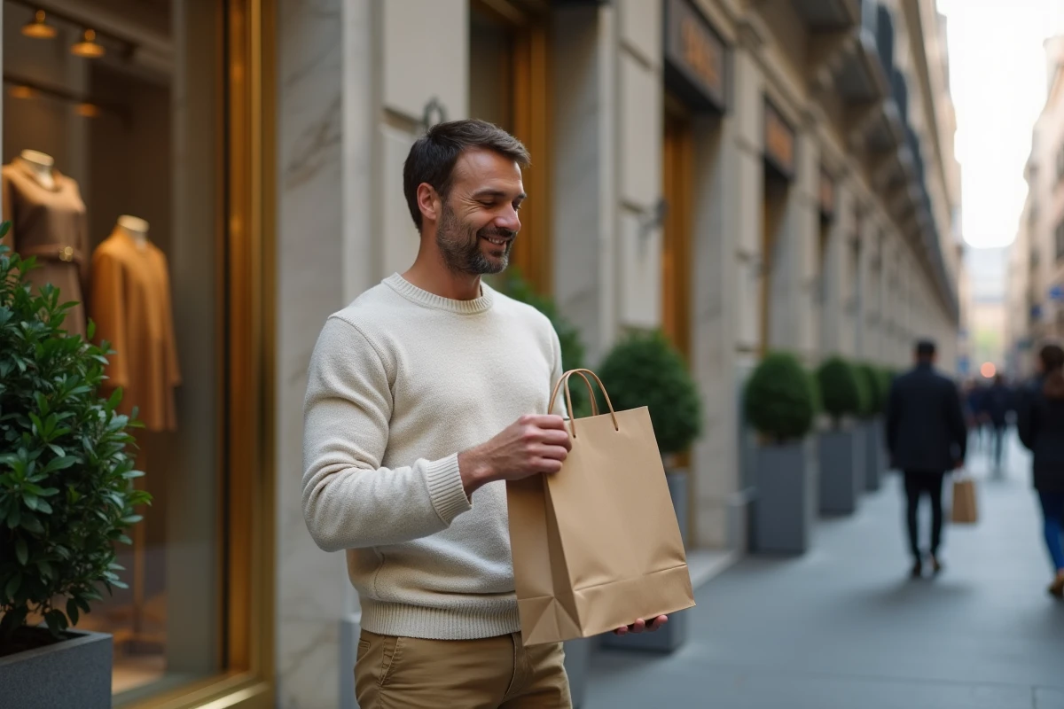Homme tenant un sac de shopping devant une boutique de luxe dans le quartier de la mode à Milan lors d'un week-end prolongé en Italie