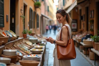 Femme en robe de lin faisant du shopping dans un marché artisanal d'une ruelle florentine lors d'un week-end prolongé en Italie