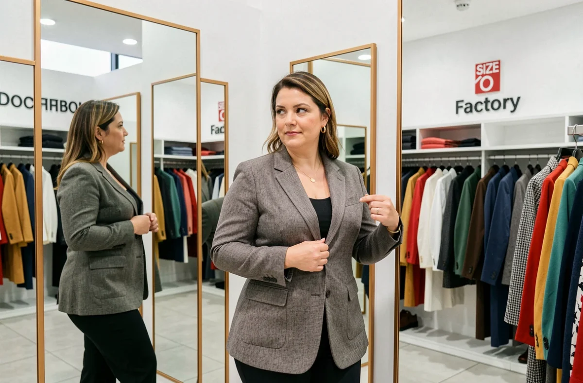 Cliente essayant un blazer dans la boutique Size Factory à Caen