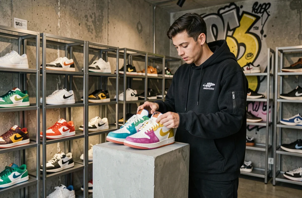 Boutique Slash Store à Marseille avec des sneakers en édition limitée exposées sur des étagères industrielles