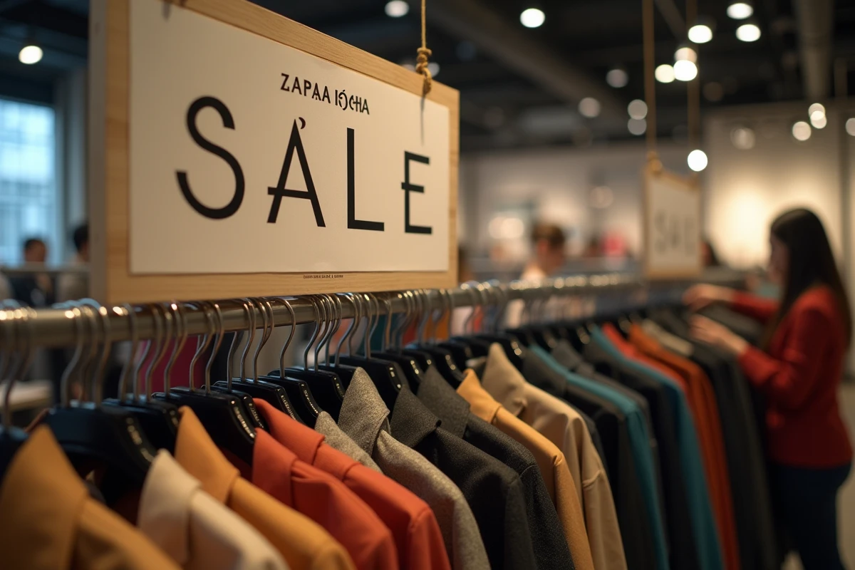 Panneau de soldes et portant de vêtements à l'intérieur d'un magasin Zara en France