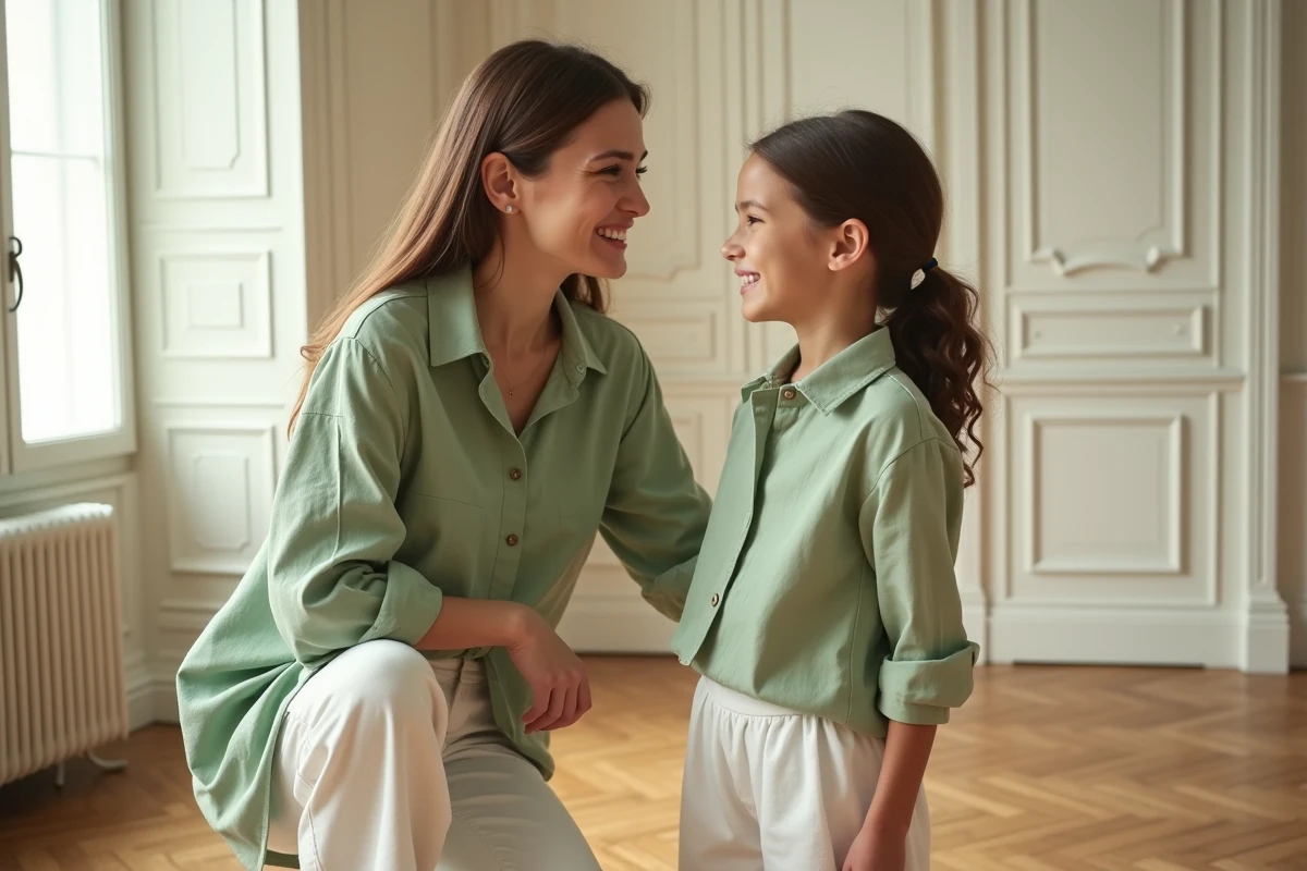 Mère et fille en tenues coordonnées vert sauge et blanc dans un appartement parisien lumineux, style matchy matchy élégant et naturel