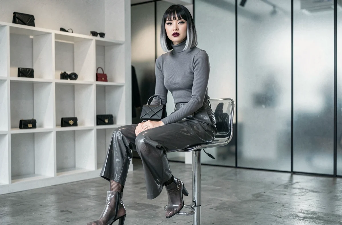 Femme en look techno pouffe monochrome gris avec bodysuit et pantalon PVC dans une boutique minimaliste