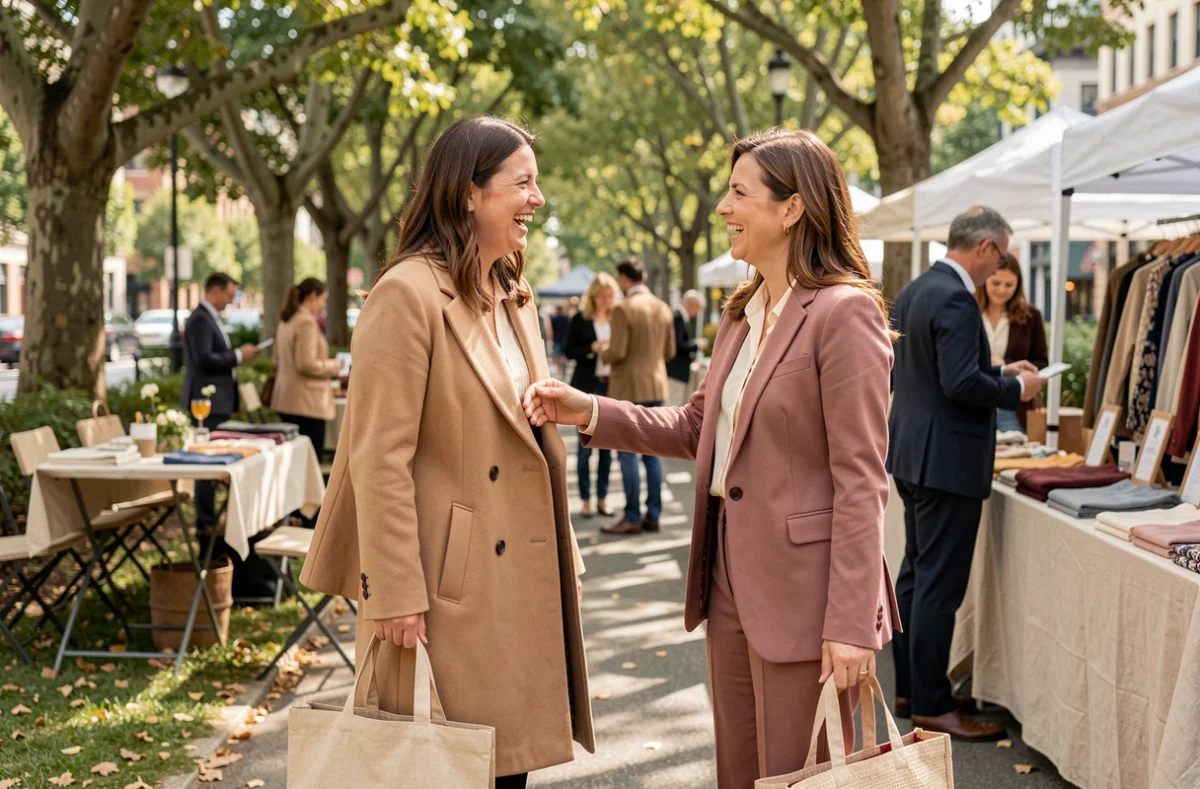 Deux femmes échangeant des vêtements lors d'un swap vestimentaire en plein air, tendance mode durable et économique