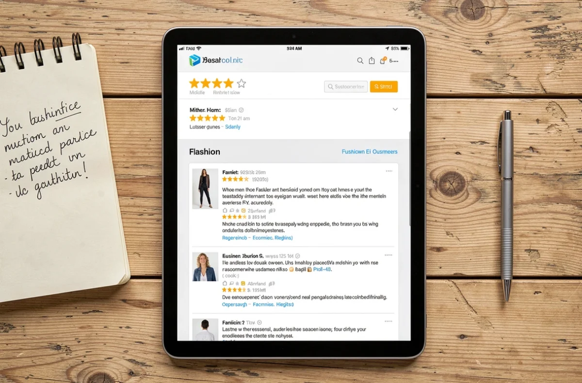 Vue aérienne d'une tablette affichant des avis clients sur un site de mode avec un carnet de notes pour identifier les faux commentaires