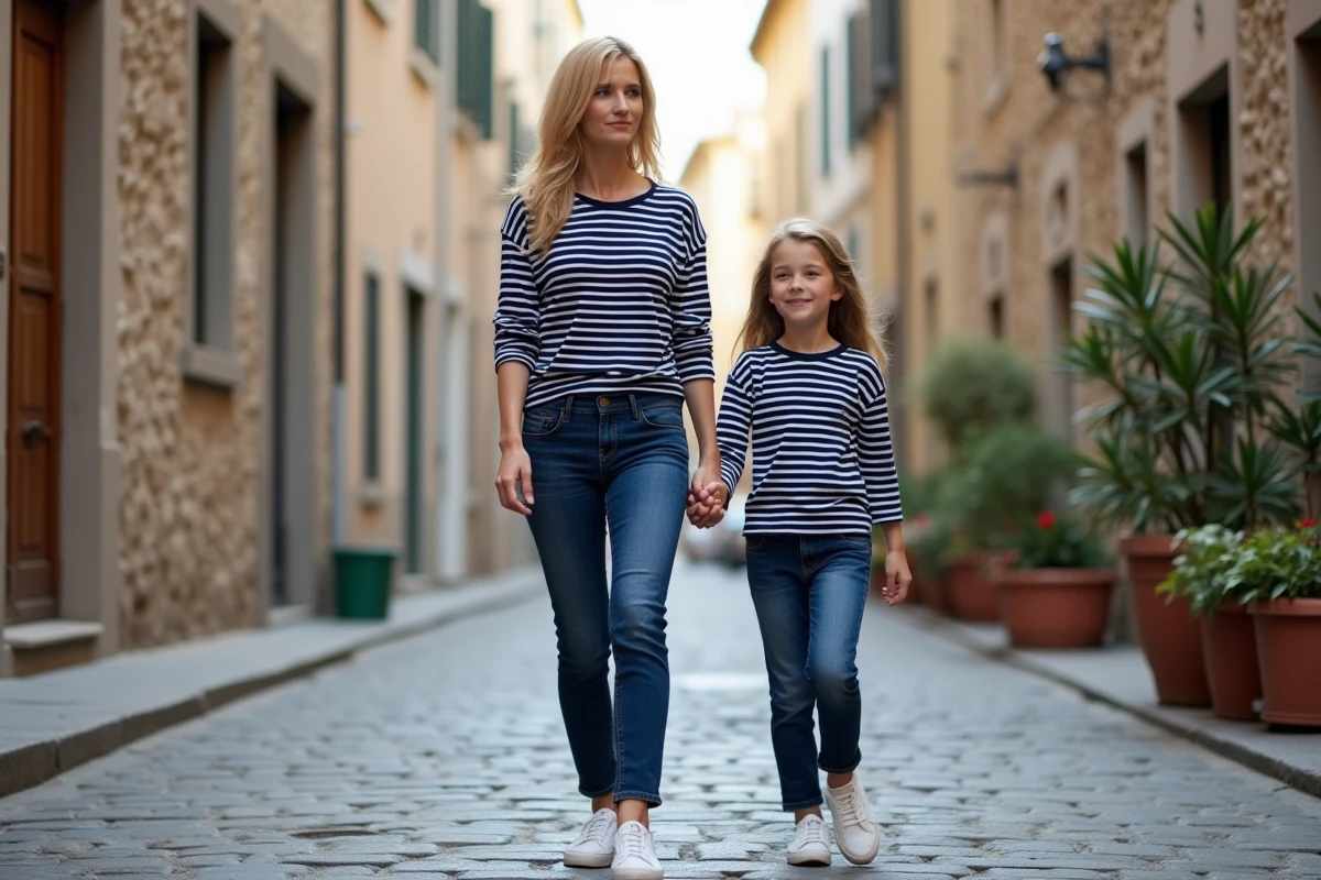 Mère et fille en marinières rayées bleu marine et jeans assortis marchant dans une rue pavée européenne, look matchy matchy casual chic