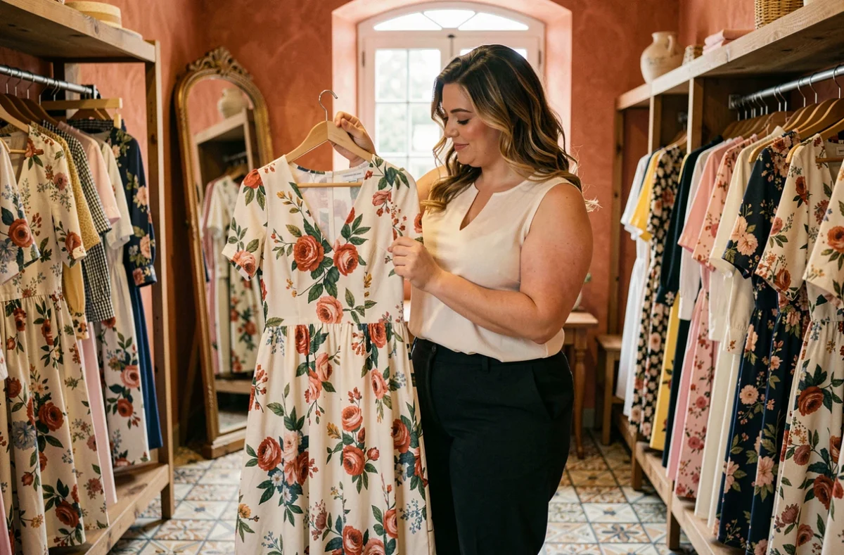 Femme grande taille choisissant une robe élégante dans la boutique Toscane à Cherbourg-en-Cotentin