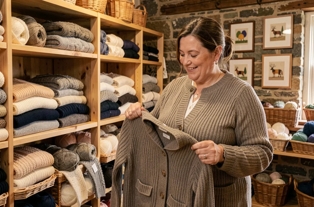 Femme grande taille tenant un pull tricoté artisanal dans la boutique Tricoterie du Val de Saire