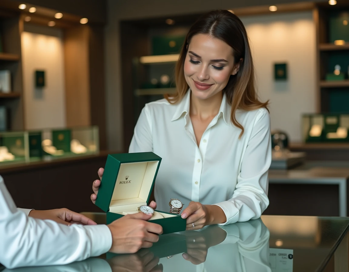 Vendeuse présentant une Rolex Oyster Perpetual dans son écrin vert à un client dans un showroom agréé