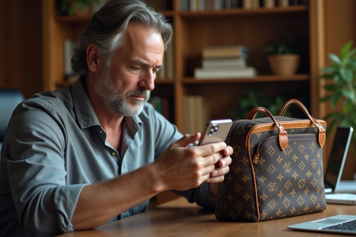 Homme photographiant l'étiquette intérieure et le numéro de série d'un sac Louis Vuitton pour vérifier son authenticité avant achat