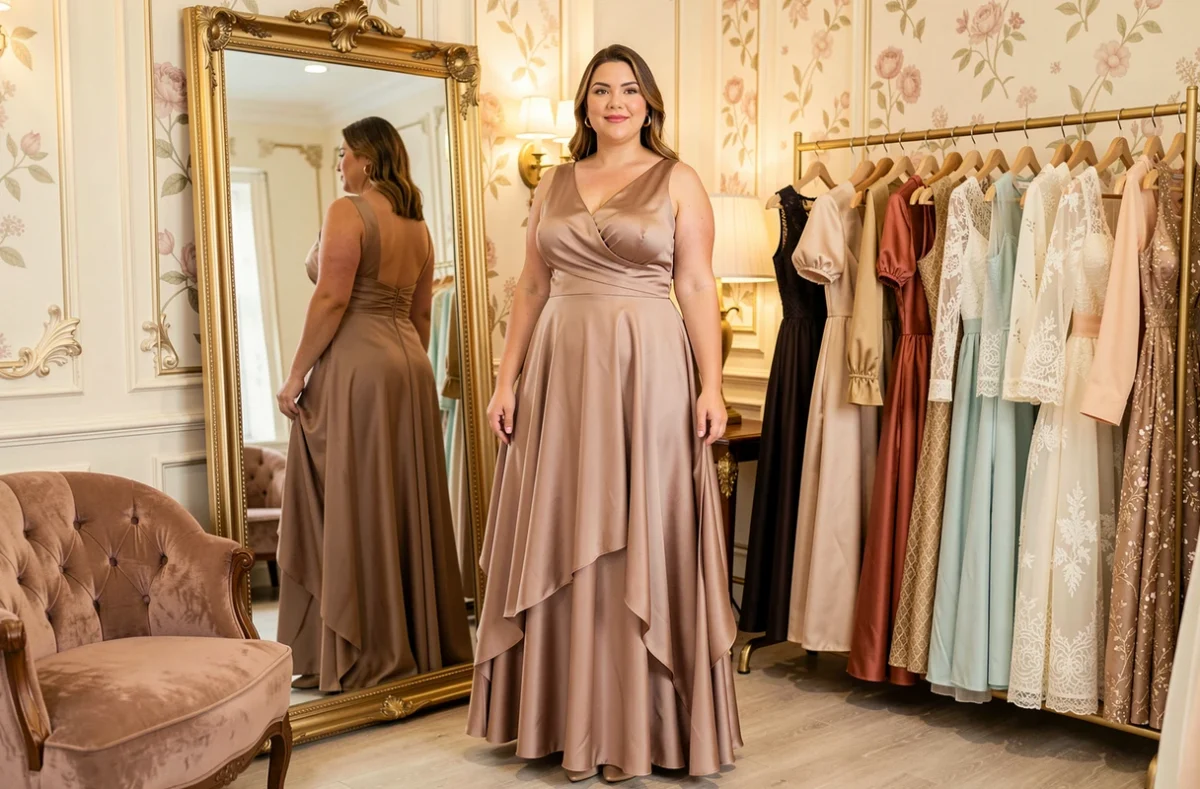 Femme grande taille portant une robe élégante devant un miroir dans la boutique Vie de Reine
