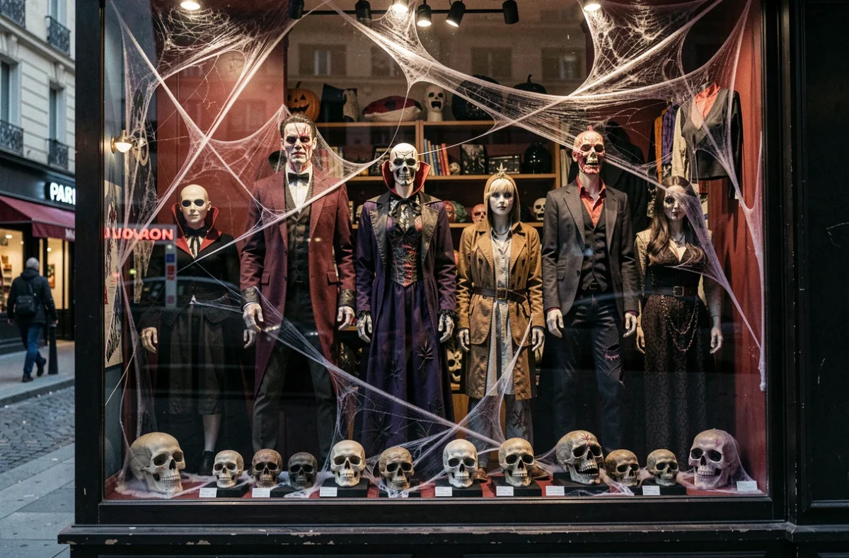Vitrine nocturne d'une boutique de costumes Halloween à Paris avec mannequins déguisés en vampires et zombies