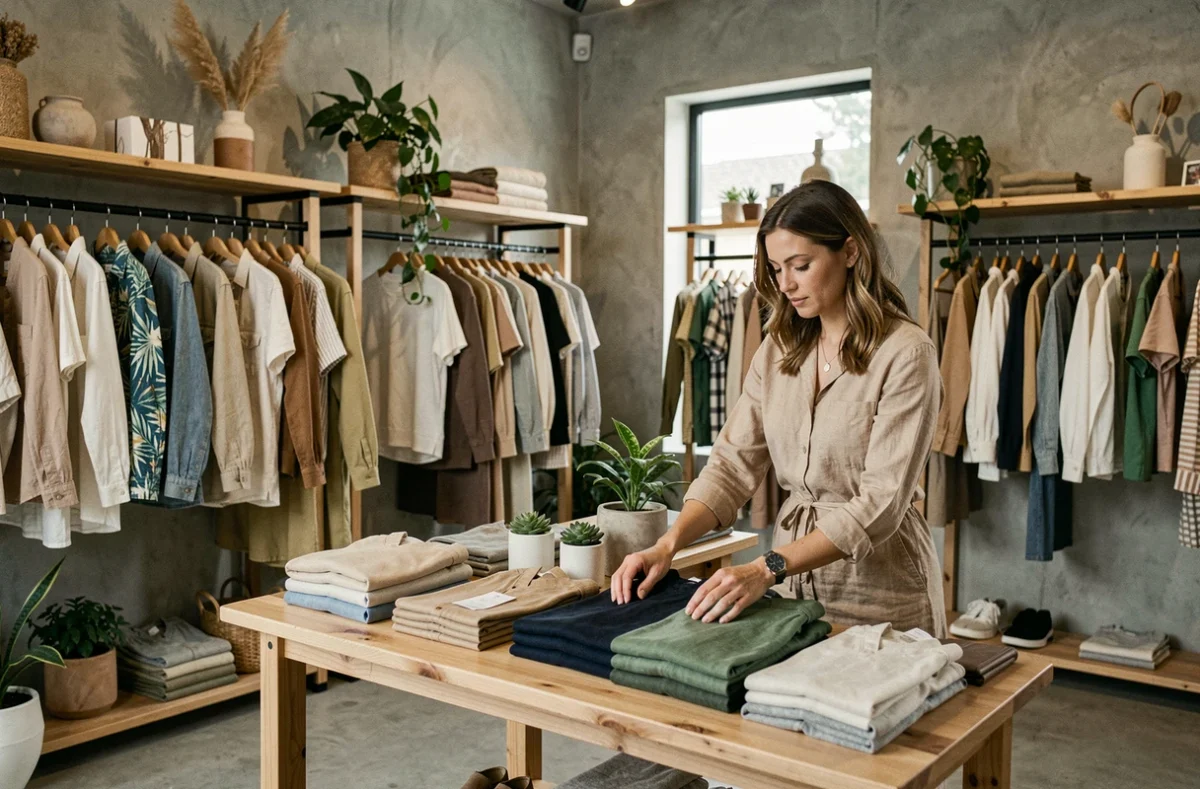 Intérieur de la boutique Zazie à Hossegor avec des vêtements style surf et casual-chic sur des portants en bois brut.